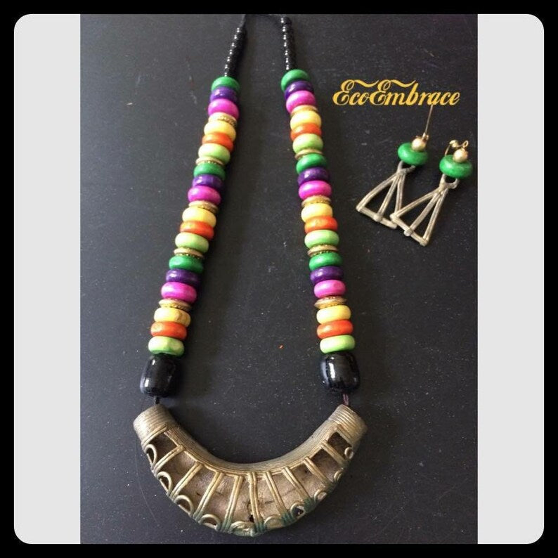 Geometric Pendants - Dokra Lost Wax Method Brass Pendant Earring Set -Raw, Original,One-Of-A-Kind Handmade Jewelry Upscaled Wooden beads