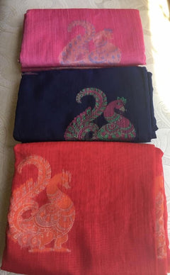 Semi lilen Sarees | Indian Traditional Saree -Peacock saree - Saree with Blouse - Feather light saris - Ecoembrace