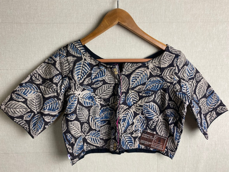 Mayili Kalamkari Crop Top Blouses|Designer Blouses|Sari gift for modern ethnic women|Comfort in Cotton| Natural design fall leaves in s-xl