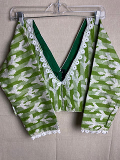 M/L Bust size 40"/42" / Soft Cotton Batik with Crochet Lacework Saree Blouses| V neck Long sleeves Designer Saree Blouses for women