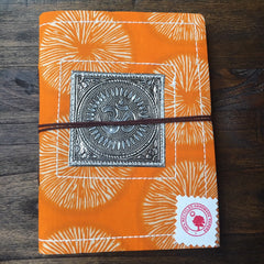 Metal Embossed OM Handmade Eco Fabric Gratitude Journal - Ancient universal symbol of Beginnings of ALL  8"x6" Recycled Acid Free Papers