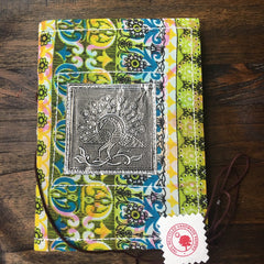 Metal Embossed PEACOCK Handmade Eco Fabric Gratitude Journal - Ancient symbol of Self Awareness & Renewal  8"x6" Recycled Acid Free Papers