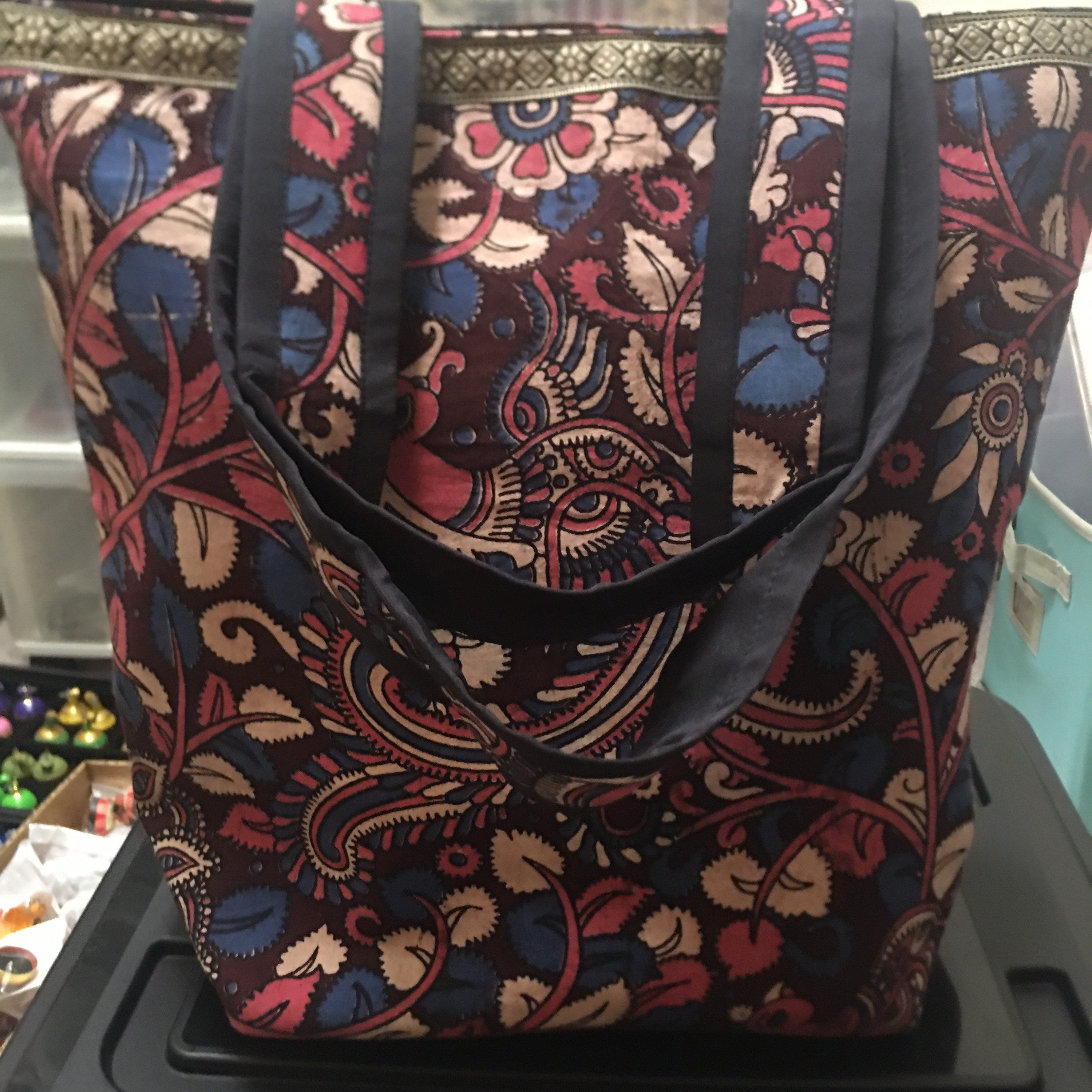 Extra Large Tote Bag, Kalamkari Totes, Handmade Eco-friendly -Green Bag, Large Shoulder Bag, Handmade Scrap bag, Peacock Purse