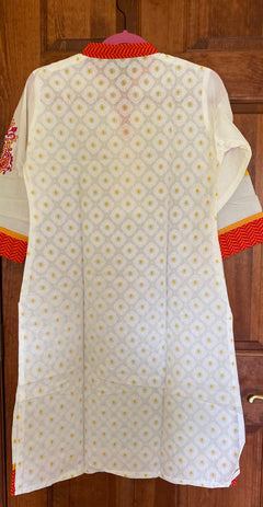 OrangeRed BlockPrint Embroidered Kurtis | Long Cotton Kurtis for women |Indian tunics| Collar Kurtis | S(38")- 2XL(46") | Same Day Shipping