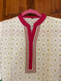 PinkGreen BlockPrint Embroidered Kurtis | Long Cotton Kurtis for women |Indian tunics| Collar Kurtis | S(38")- XL(44") | Same Day Shipping
