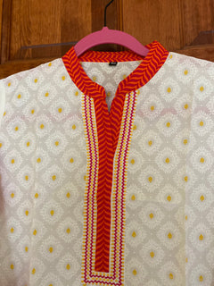OrangeRed BlockPrint Embroidered Kurtis | Long Cotton Kurtis for women |Indian tunics| Collar Kurtis | S(38")- 2XL(46") | Same Day Shipping