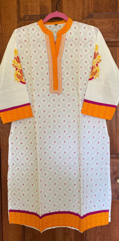 YellowPink BlockPrint Embroidered Kurtis | Long Cotton Kurtis for women |Indian tunics| Collar Kurtis | S(38")- L(42") | Same Day Shipping