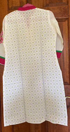PinkGreen BlockPrint Embroidered Kurtis | Long Cotton Kurtis for women |Indian tunics| Collar Kurtis | S(38")- XL(44") | Same Day Shipping