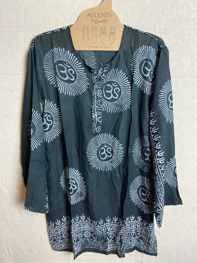 Black OM Mantra Rayon shirt | Unisex BOHO yoga shirts | Deity print shirts | symbolic yoga mantra shirts | Hand Block printed