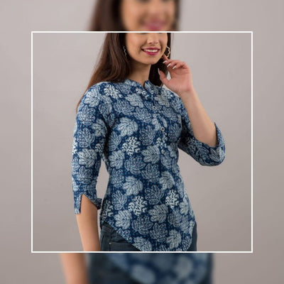 Autumn Leaves Indigo Printed Tunic  | Cotton Print Shirts for women | Short Kurtis | Women’s Shirts | Cotton Blouse Tunics S-2XL