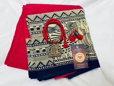 Berry Red Cotton Saree with Matching Dokra Tribal Art Handmade Jewelry set |Sameday Shipping | Complimentary Saree Bag