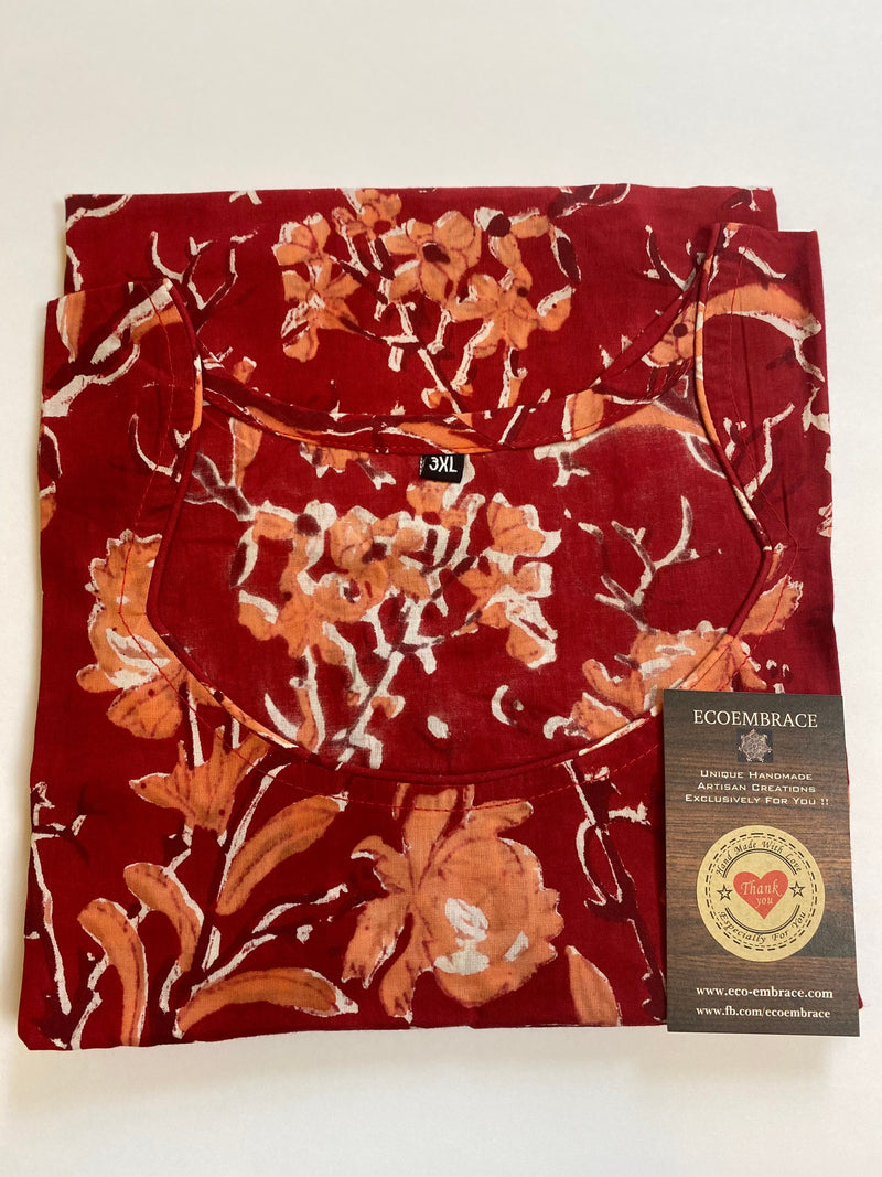 Plus size L-42”/XL-44” Red Peach tunic for women | HandBlock Printed cotton kurtis | Short tunics | Kurtis for Girls | Cotton Blouse
