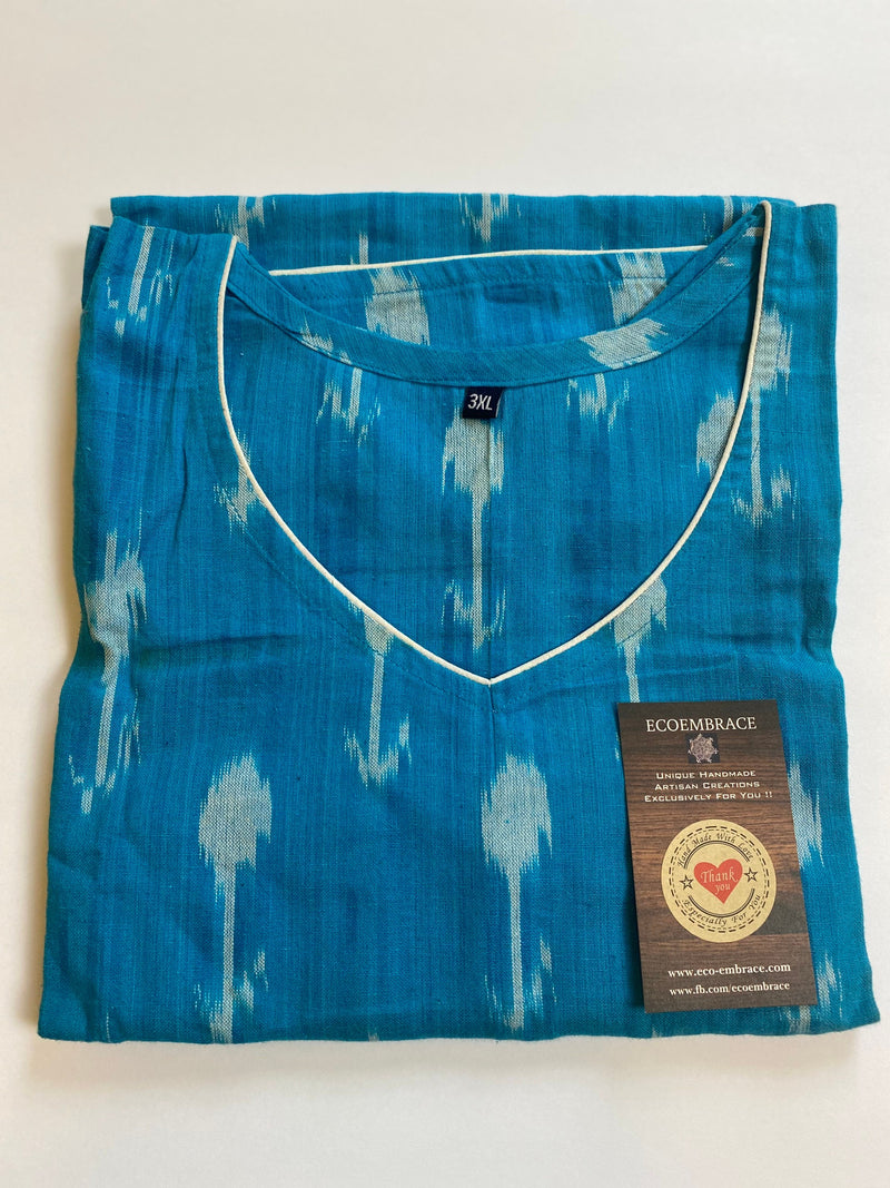M / 2XL Ikat Kurtis for women | Blue Cotton Tunics | Short Kurtis | Cotton Kurtis | Short Tunics Cotton Blouse | Cotton print shirts