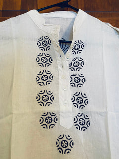 White knee length Hi collar neck Kurti,  Block Print Cotton Tunics for girls, | Indian Kurtis | Women's 3/4 length tunics | Size S/38”