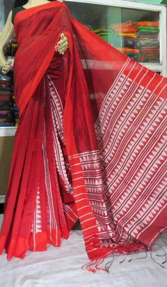 Vibrant Red and White Poojo Handloom Saree | Partly Pallu Saree | Semi Woven Sarees | Indian Classic sari | Same day Shipping