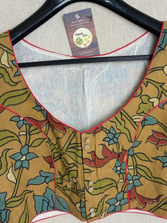 Mustard Kalamkari Saree Blouse / Cotton Kalamkari Designer Blouse/ Sari Blouse for women /Cotton Short Sleeve saree blouses /Stitched Blouse