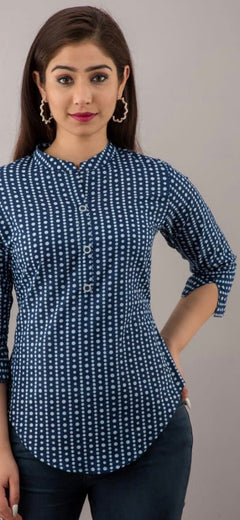 New Indigo Polkha Dots Tunics | Short Tunics| Cotton Kurtis | Women’s Shirts |Cotton Blouse | Cotton Print shirt Blouses| S(38"-2Xl(46"))