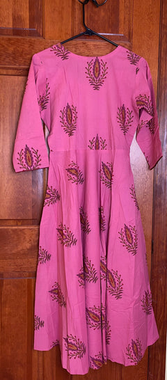 Pink Long Gown Hand BlockPrint cotton Kurtis | Long Cotton Kurtis for women |Indian tunics| Collar Kurtis| Same Day Shipping | size XS(36”)