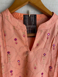 Women's Tunics | Peach Embroidered Mirror Work Tunic | Rayon Tunics | Short Kurtis | Jeans Top | Women’s Shirts | Gold foil prints|Shirt Top