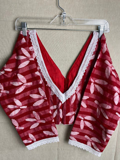 L/XL Bust size 42"/44" / Soft Cotton Batik with Crochet Lacework Saree Blouses| V neck Long sleeves Designer Saree Blouses for women