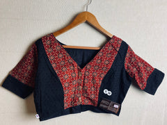Maroon Red Ajrakh Patchwork Hakoba Blouse, Cotton Designer Sari Blouses for Women, V neck Elbow Sleeves Blouses Plus Size S,M,L,XL