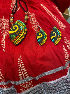 Red Silver yellow ethnic Skirt with necklace/Womens Long Indian Festive Dance skirts/ Rich Grand Border/Elastic Waist/Bohemian summer skirts