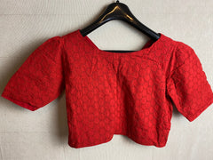 Red Hakoba V neck Saree Blouse / Cotton Hakoba Designer Blouse/ Sari Blouse for women/ Slight Puff Elbow sleeves blouses /Stitched Blouses