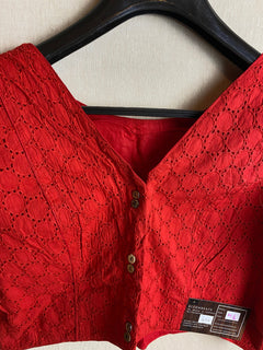 Red Hakoba V neck Saree Blouse / Cotton Hakoba Designer Blouse/ Sari Blouse for women/ Slight Puff Elbow sleeves blouses /Stitched Blouses