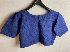 NavyBlue Hakoba V neck Saree Blouse / Cotton Hakoba Designer Blouse/Sari Blouse for women/ Slight Puff Elbow sleeves blouse/Stitched Blouse