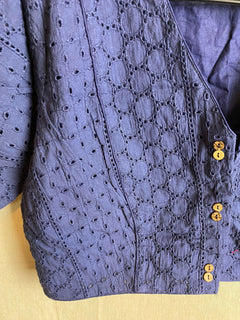 NavyBlue Hakoba V neck Saree Blouse / Cotton Hakoba Designer Blouse/Sari Blouse for women/ Slight Puff Elbow sleeves blouse/Stitched Blouse