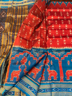 Cobalt Blue Royal Elephant border in tomato Red Khandua Paatu Ikat silk |Warli Tribal motifs | Genuine Odhisha handloom sarees |Gift for Her