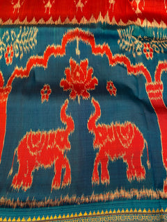 Cobalt Blue Royal Elephant border in tomato Red Khandua Paatu Ikat silk |Warli Tribal motifs | Genuine Odhisha handloom sarees |Gift for Her