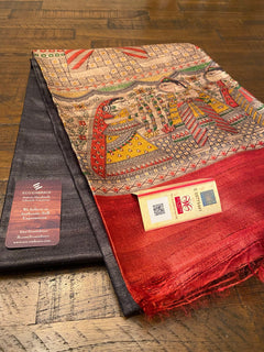 Rarefinds Dark Gray Wedding Silk Saree | Tussar Gicha silk Saree | Bridesmaid sarees | Genuine Handloom mark | Block print silk saree