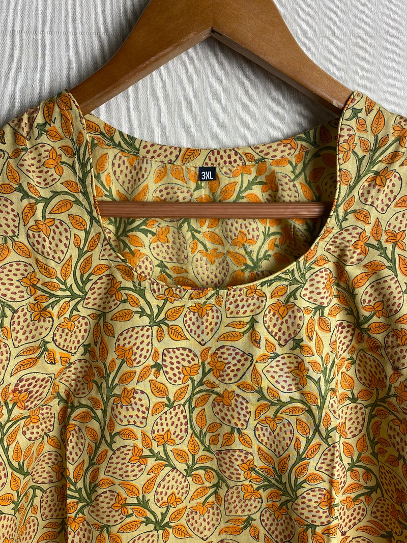 Plus size tunics for women | 2XL/46” | HandBlock Printed cotton tunics | short Kurtis | Cotton Blouse | Mustard Strawberry prints