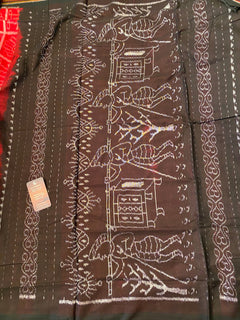Exclusive Handwoven Ikkat tribal weave Cotton saree | Red black saree |Genuine Odhisha Ikkat Handlooms | Best Gift for Her| Mother's Day Gift