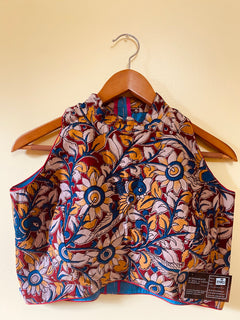 Mansi Red Kalamkari halter sari blouse, trendy modern saree tops, Floral blockprinted, sleeveless cotton crop top, cotton readymade blouse