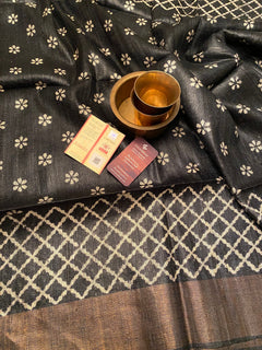 Classy Black n Copper zari border silk saree | Tussar Gicha silk Saree | Bridesmaid saris | Genuine Handloom mark | Block print silk saree