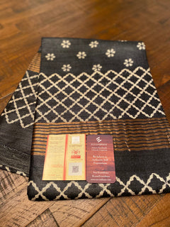 Classy Black n Copper zari border silk saree | Tussar Gicha silk Saree | Bridesmaid saris | Genuine Handloom mark | Block print silk saree