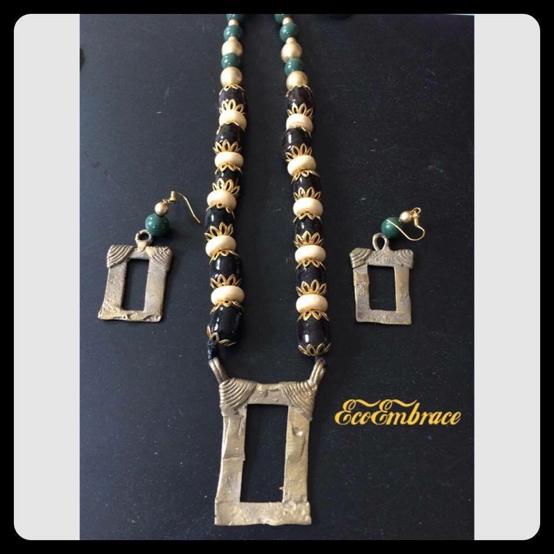 Geometric Pendants - Dokra Lost Wax Method Brass Pendant Earring Set -Raw, Original,One-Of-A-Kind Handmade Jewelry Upscaled Wooden beads