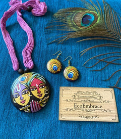 Free shipping exclusive Terra-cotta Hand painted Vegan jewelry- BakedClay krishna Necklaceset - Eco - Handmade - Lightweight Jewelry!