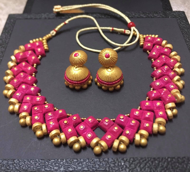 Natural Vegan Handmade Terracotta Clay Pink Golden Statement Necklace Set | Ecoembrace Earthy Tones| Indian Handmade Jewelry | Free shipping