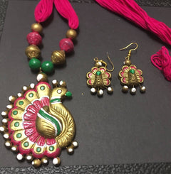 Peacocks Trio Pendant Set Artisan Handmade Eco friendly Terracotta Indian jewelry, Design Necklace with Earrings Dhori Free Shipping