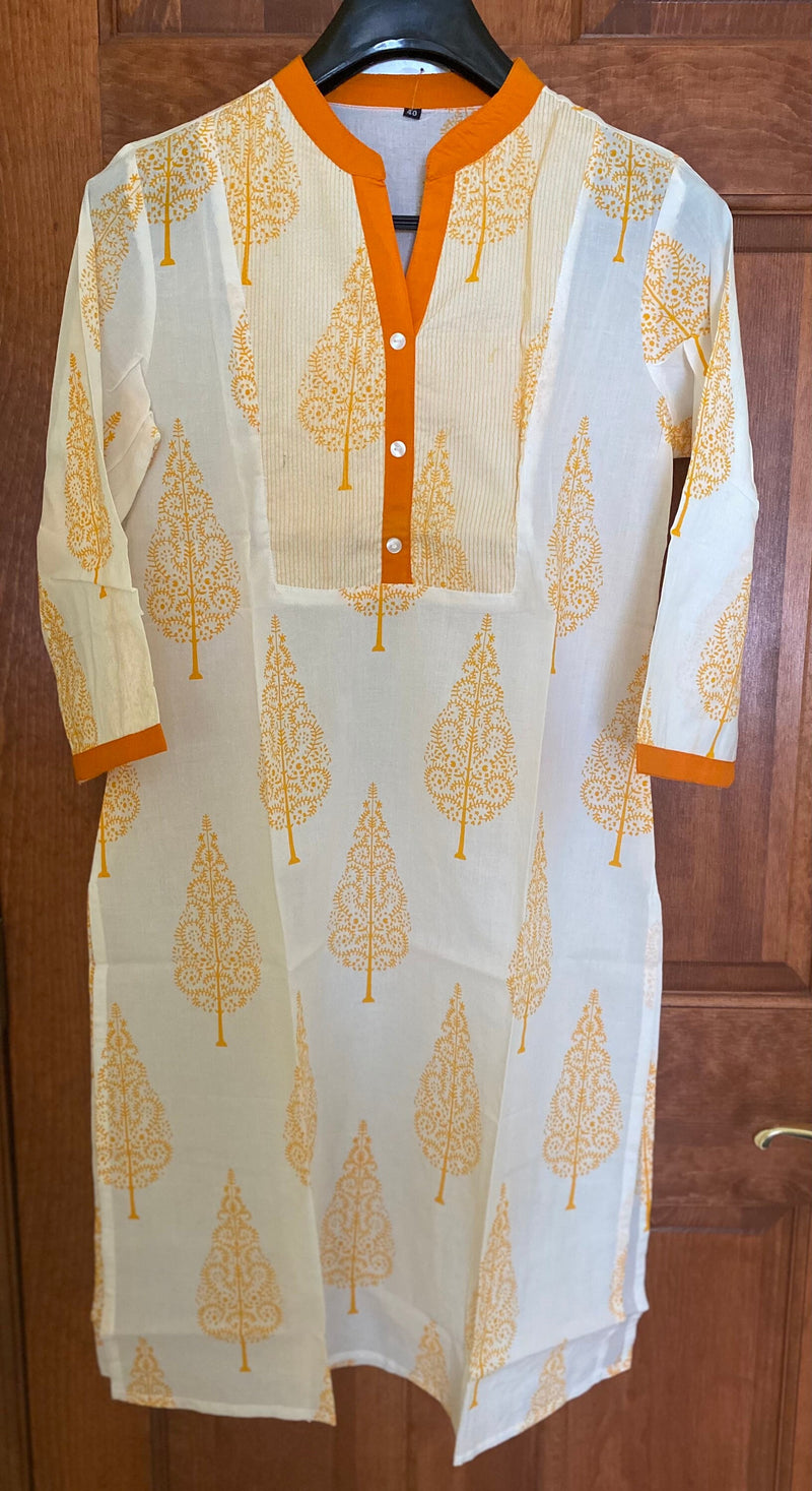 OrangeTree Block Print High neck Kurtis | Cotton Tunic Kurtis for women | Indian tunics | Collar Kurtis | S(38