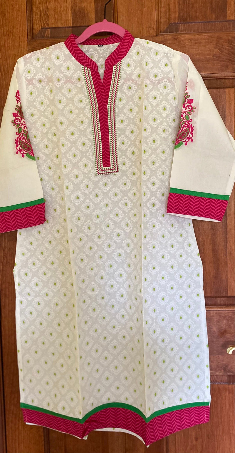 PinkGreen BlockPrint Embroidered Kurtis | Long Cotton Kurtis for women |Indian tunics| Collar Kurtis | S(38