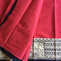 Berry Red Cotton Saree with Matching Dokra Tribal Art Handmade Jewelry set |Sameday Shipping | Complimentary Saree Bag