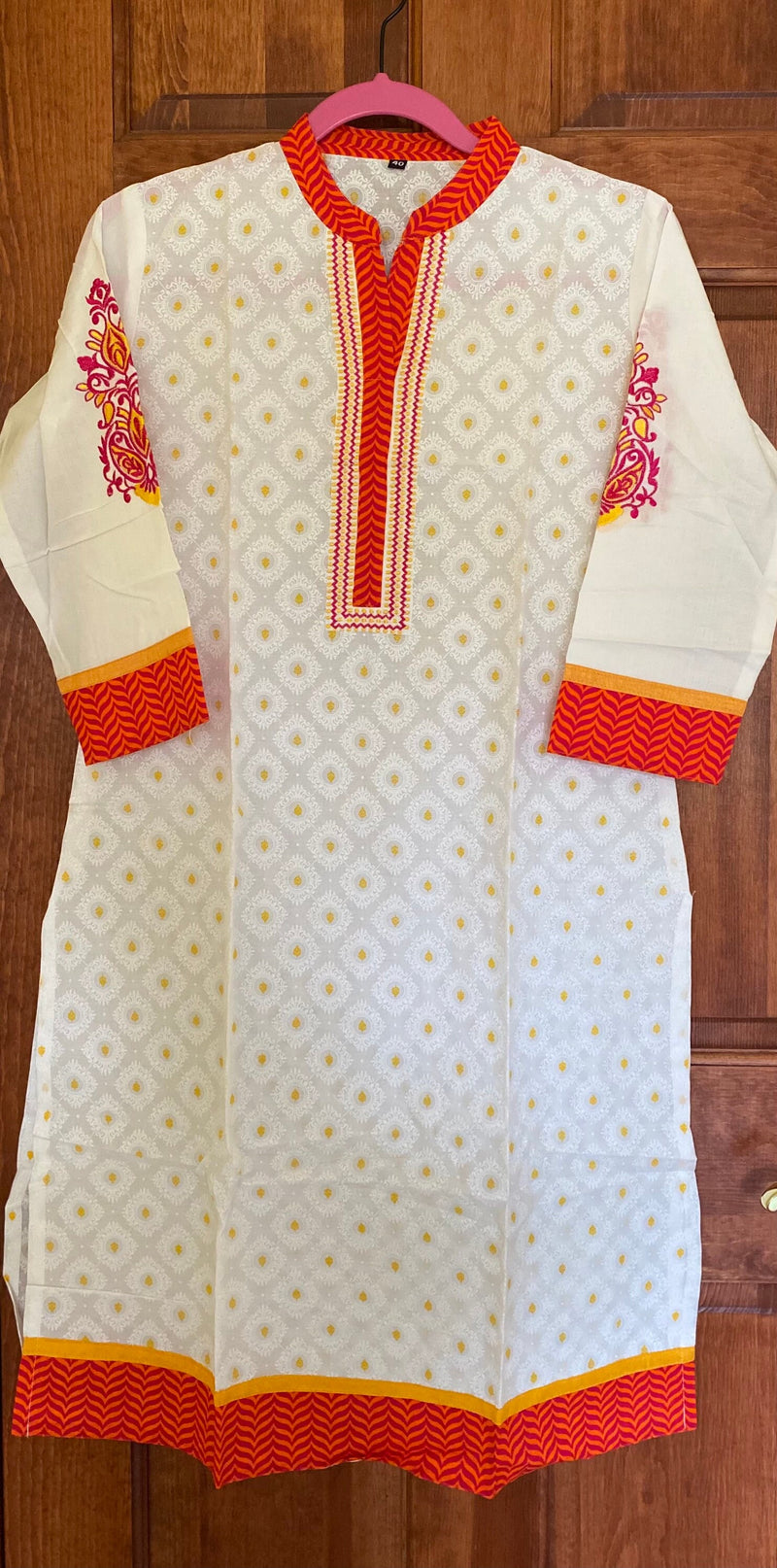 OrangeRed BlockPrint Embroidered Kurtis | Long Cotton Kurtis for women |Indian tunics| Collar Kurtis | S(38