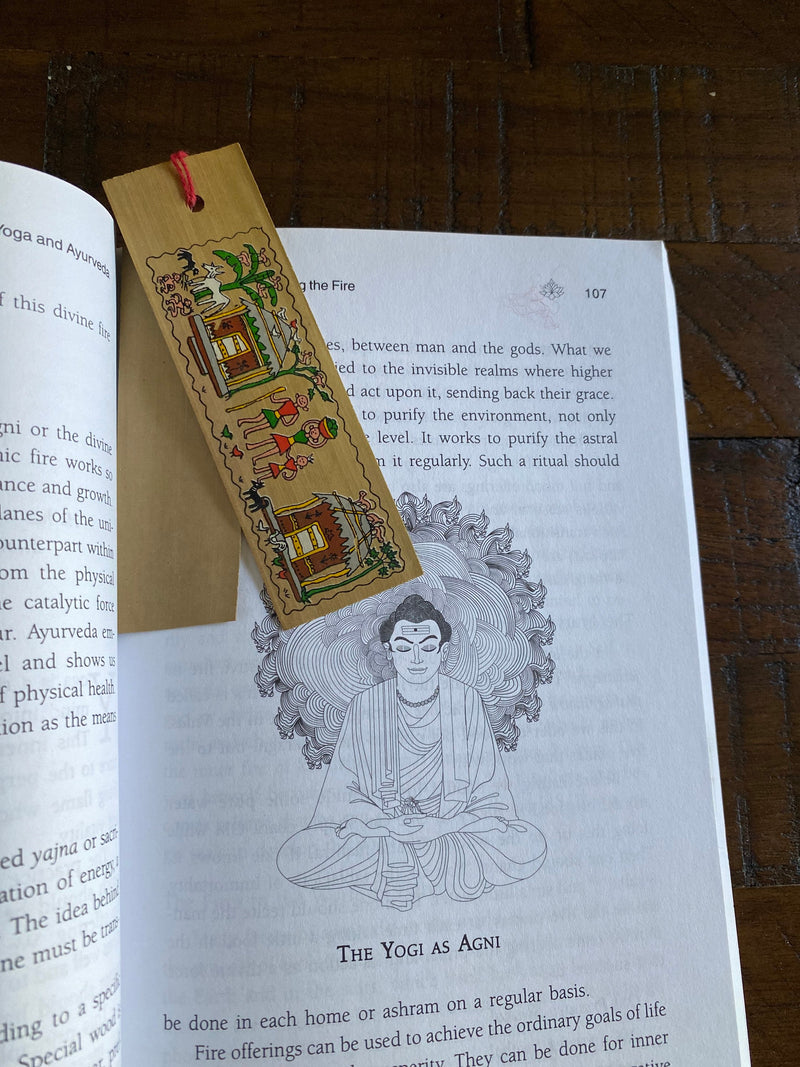 Tribal Farm and Home Scene | Pattachitra Handmade Palm Leaf Eco Printed duo DIY Bookmarks | Affirmation Reminders