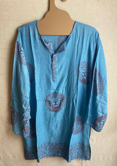 Teal Blue OM Mantra Rayon Tunic Top, Unisex Boho Shirts, Men's Kurta, Yoga OHM Top, Deity Print Tunic, Symbolic Mantra Shirts, Women's Kurta