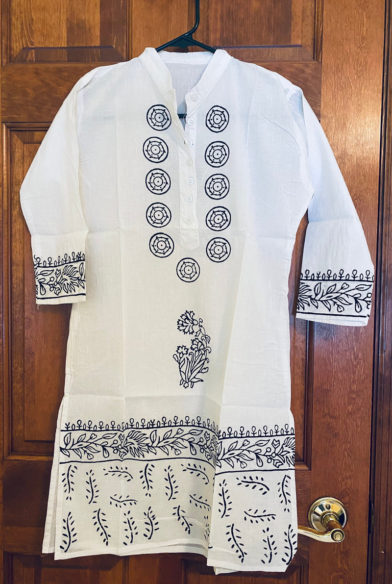 White knee length Hi collar neck Kurti,  Block Print Cotton Tunics for girls, | Indian Kurtis | Women's 3/4 length tunics | Size XS/36”