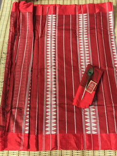 Vibrant Red and White Poojo Handloom Saree | Partly Pallu Saree | Semi Woven Sarees | Indian Classic sari | Same day Shipping